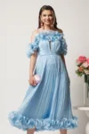 Rochie midi bleu in clos din voal satinat cu volanase la bust si la baza