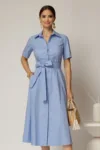 Rochie midi bleu tip camasa din poplin cu cordon in talie