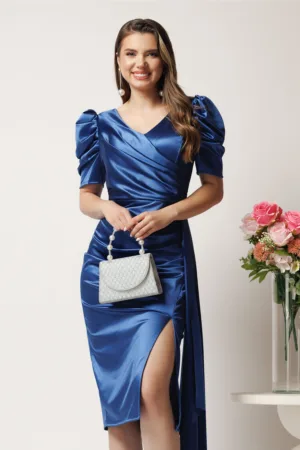 Rochie midi bleumarin conica din tafta cu fronseu