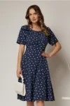 Rochie midi bleumarin cu buline cu funda la umar si croi in clini