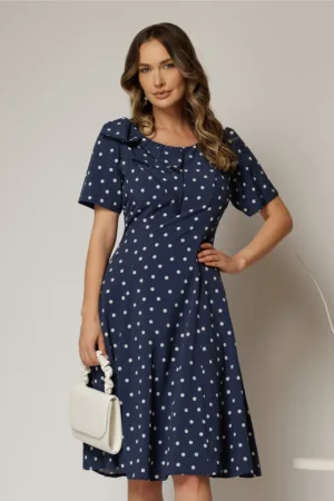 Rochie midi bleumarin cu buline cu funda la umar si croi in clini