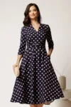 Rochie midi bleumarin cu buline din stofa cu cordon in talie