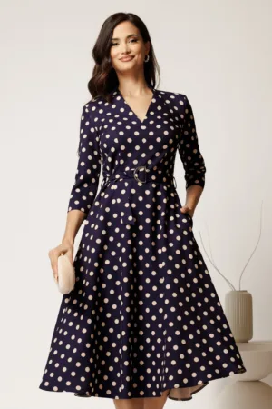 Rochie midi bleumarin cu buline din stofa cu cordon in talie