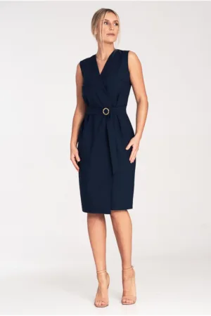 Rochie midi bleumarin - cu centura - eleganta - poliester