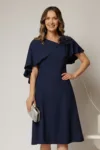 Rochie midi bleumarin cu croi in clini si detaliu floral la bust