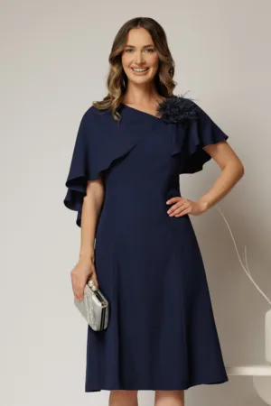 Rochie midi bleumarin cu croi in clini si detaliu floral la bust