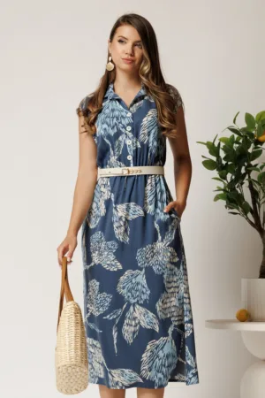 Rochie midi bleumarin cu imprimeu bleu din tencel cu elastic si curea in talie