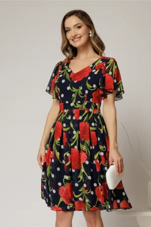 Rochie midi bleumarin cu imprimeu din voal cu decolteu in V si pliuri pe fusta