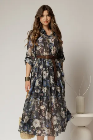 Rochie midi bleumarin cu imprimeuri din tencel
