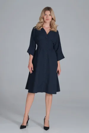 Rochie midi bleumarin cu nasturi - maneci 3/4 - poliester -