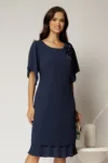 Rochie midi bleumarin de ocazie cu accesoriu floral detasabil si decolteu rotund