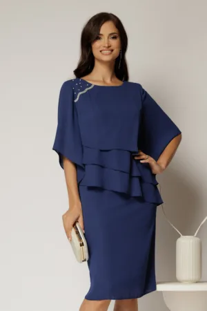 Rochie midi bleumarin de ocazie cu croi drept si perle la decolteu