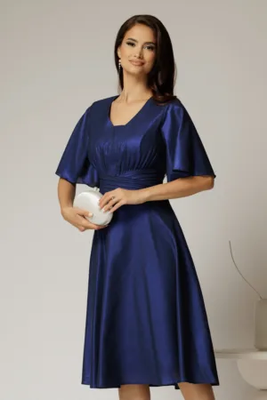 Rochie midi bleumarin de ocazie din voal cu sidef si decolteu in V