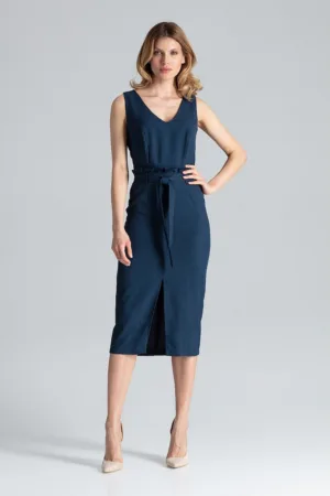 Rochie midi bleumarin - decolteu in V - poliester