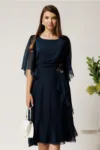 Rochie midi bleumarin din voal in clos cu broderie florala pe talie