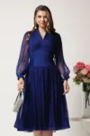 Rochie midi bleumarin in clos din matase naturala- Leonard Collection