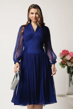 Rochie midi bleumarin in clos din matase naturala- Leonard Collection