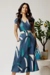 Rochie midi bleumarin in clos din tencel cu imprimeu albastru si curea in talie