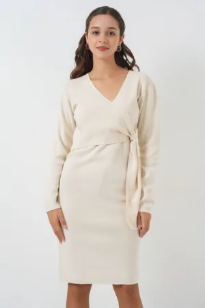 Rochie midi  bodycon cu decolteu in V - tricot - Fildes Natural -