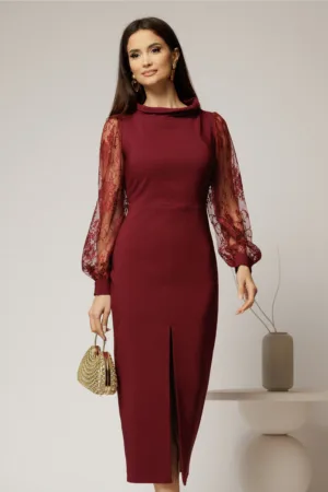 Rochie midi bordo conica cu maneci din dantela si guler barcuta