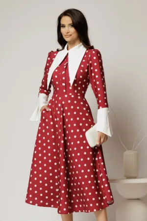 Rochie midi bordo cu buline si guler ascutit