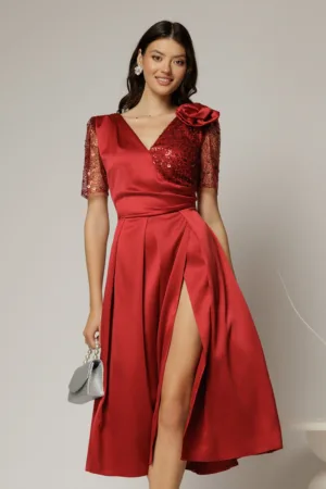 Rochie midi bordo de ocazie din tafta si paiete