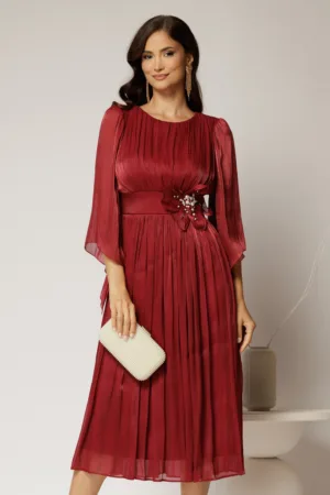 Rochie midi bordo de ocazie din voal peliculizat cu perle pe talie