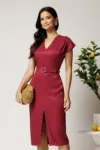 Rochie midi bordo din viscoza cu aspect sidefat si curea in talie