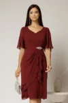 Rochie midi bordo din voal cu accesoriu in talie