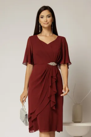 Rochie midi bordo din voal cu accesoriu in talie