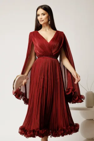 Rochie midi bordo din voal satinat in clos cu maneci ample si curea din strasuri in talie