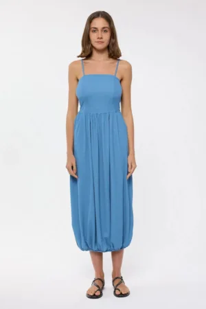 Rochie midi -  bretele spaghete - albastra - poliester si elastan