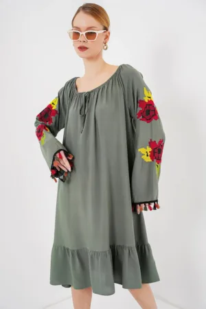 Rochie midi brodata dama HiCCUP - cu volane - poliester/viscoza - multicolor