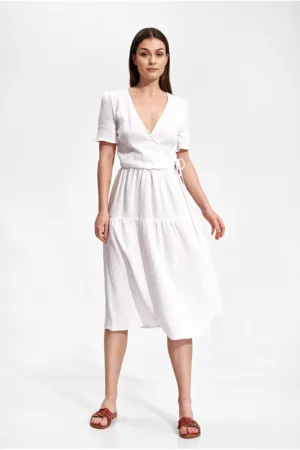 Rochie midi bumbac 100% - alb - design minimalist - maneci scurte