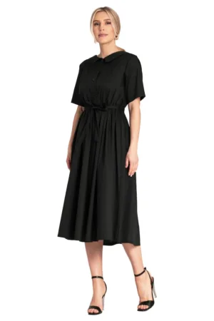 Rochie midi camasa neagra - bumbac - cu curea si buzunare -