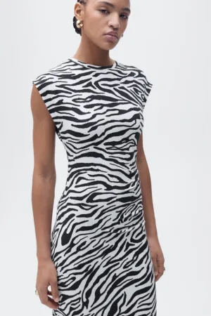 Rochie midi cambrata cu imprimeu grafic Zebra
