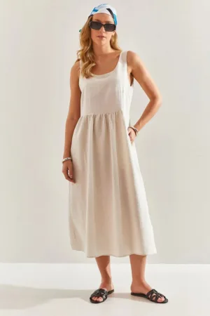 Rochie midi -  captusita - guler rotund - bej - bumbac