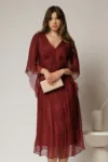 Rochie midi caramizie din matase clos si decolteu V