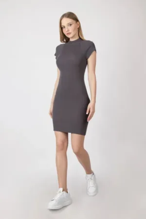 Rochie midi casual -  tricotata - guler inalt - gri - material tricot -