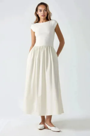 Rochie midi contrastanta -  eleganta - bej - textil