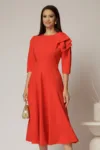 Rochie midi corai clos cu funda ampla pe umar si cordon detasabil