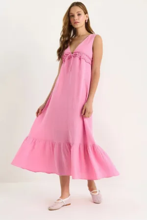 Rochie midi  croiala in A - roz aprins - in si bumbac