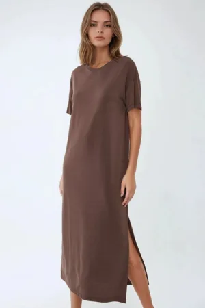 Rochie midi -  croiala lejera - maro - poliester/ modal