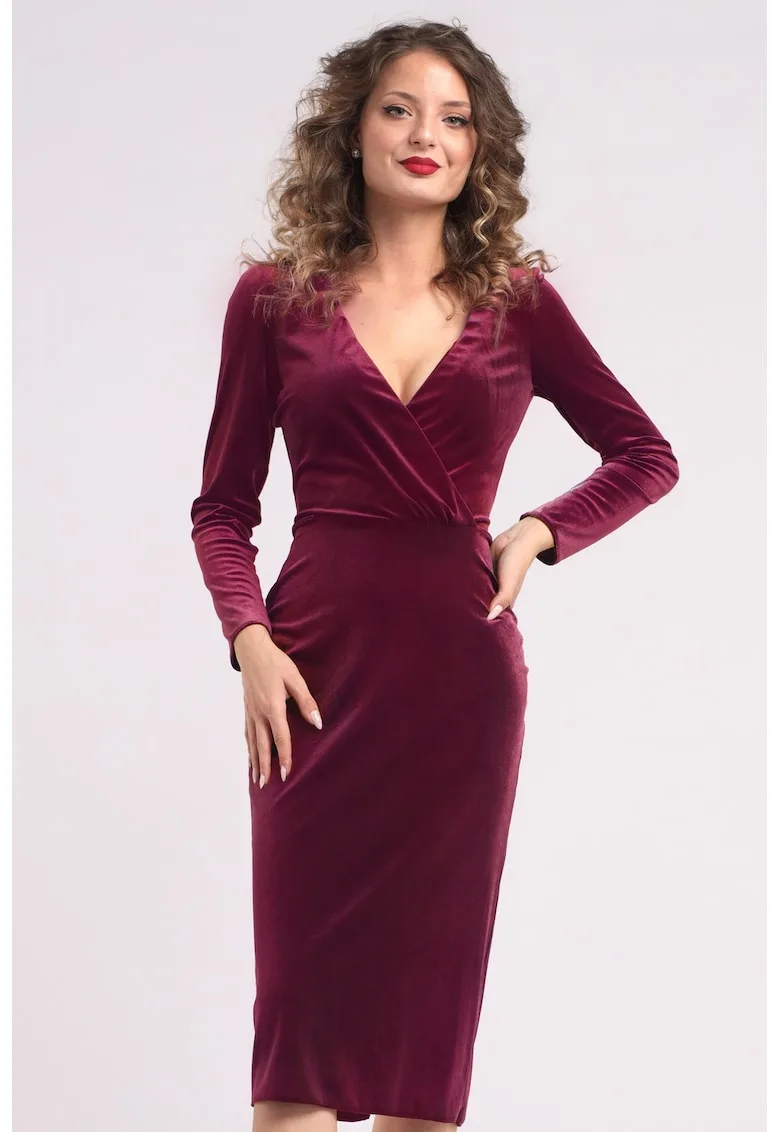 Rochie midi cu aspect de catifea - croiala cambrata si decolteu in V