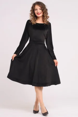 Rochie midi cu aspect de catifea - croiala evazata si buzunare laterale