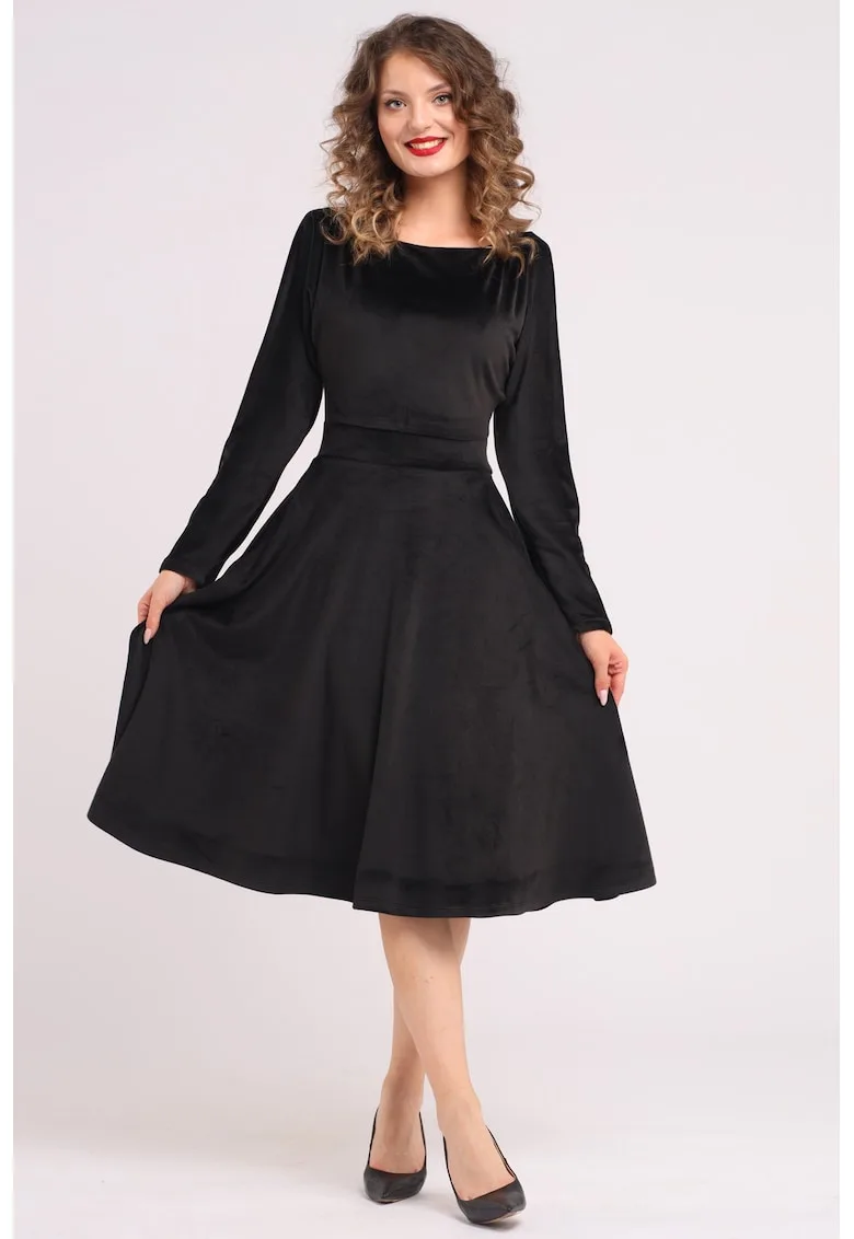 Rochie midi cu aspect de catifea - croiala evazata si buzunare laterale