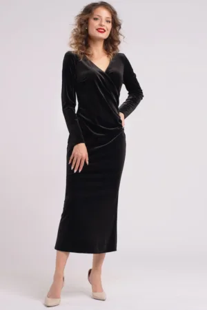 Rochie midi cu aspect de catifea si decolteu cache-coeur