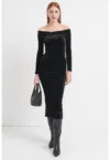 Rochie midi cu aspect de catifea si decolteu pe umeri