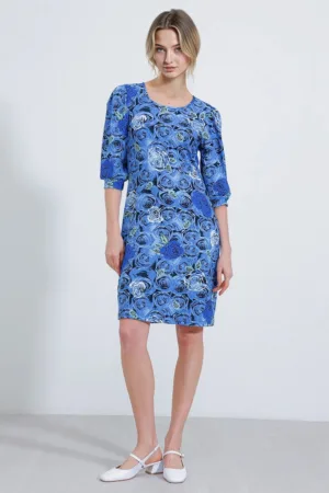 Rochie midi HiCCUP cu broderie florala - maneci trei sferturi - albastru - poliester