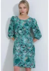 Rochie midi  cu broderie florala - maneci trei sferturi - albastru - poliester-lycra -